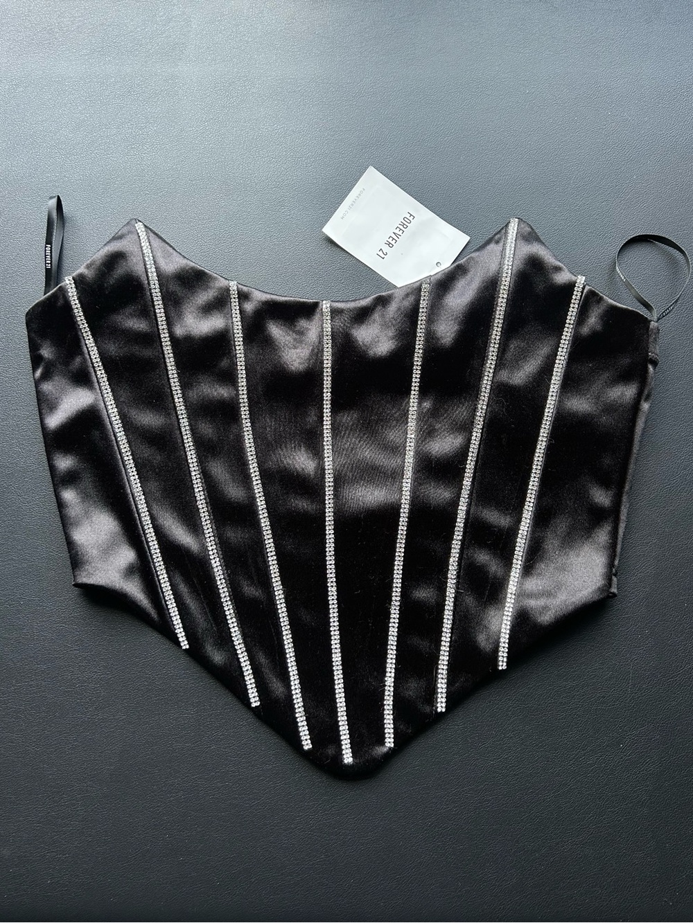 Forever 21 Black Satin Top with Silver Rhinestone Stripes